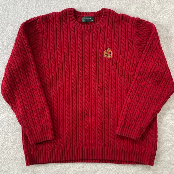 Lauren Ralph Lauren Sweater Mens Red Cable Knit Crest Logo Pullover